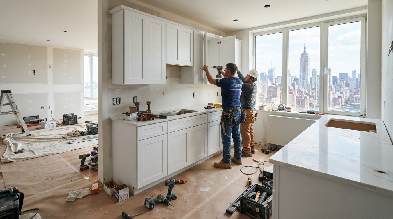 Manhattan apartment kitchen remodel in progress with new white cabinets and quartz countertops