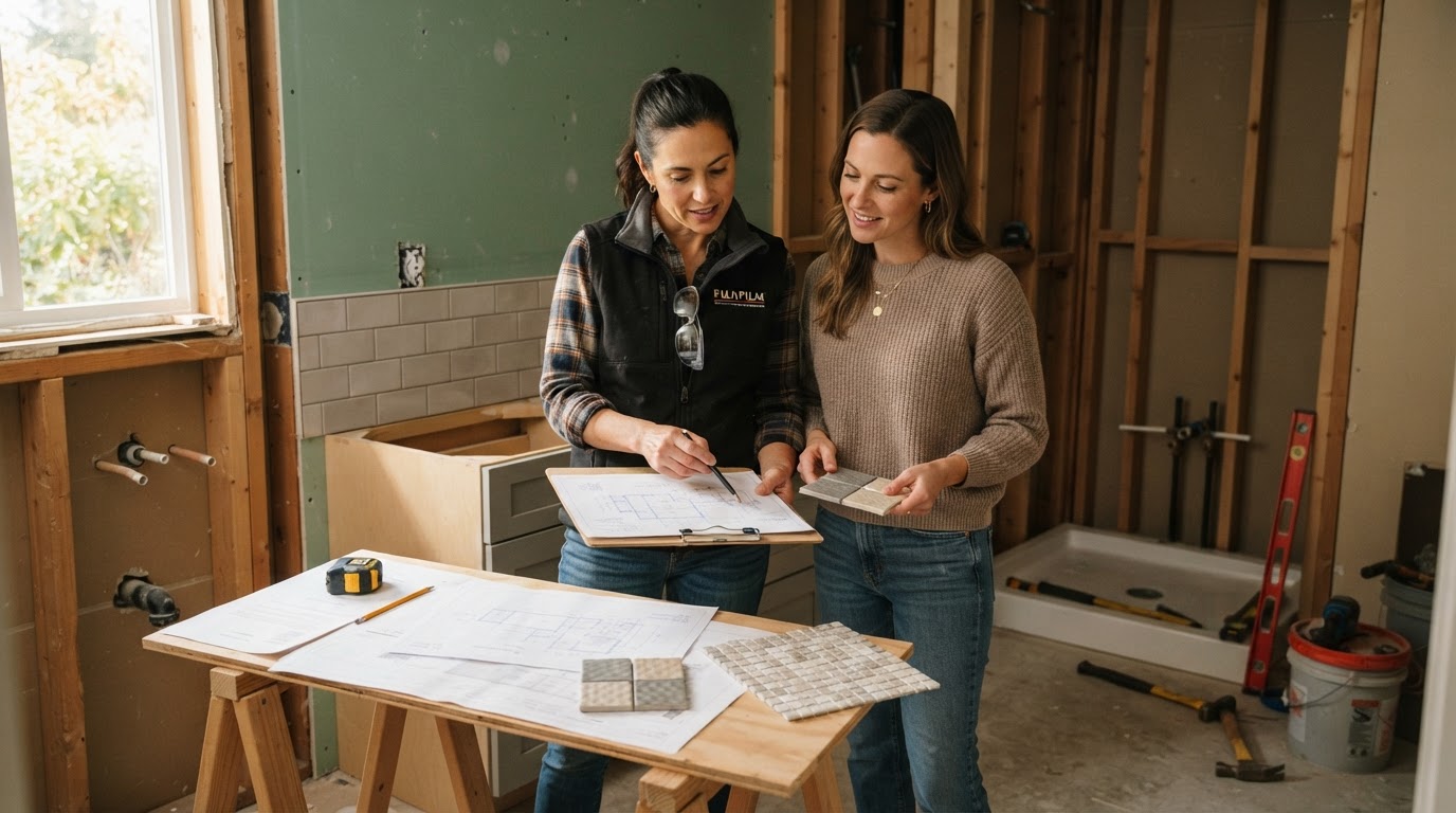 Contractor reviewing bathroom remodel plans and tile samples with a homeowner