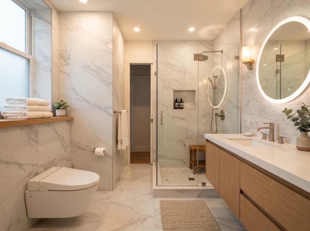 Renovated NYC bathroom with walk-in shower and modern vanity