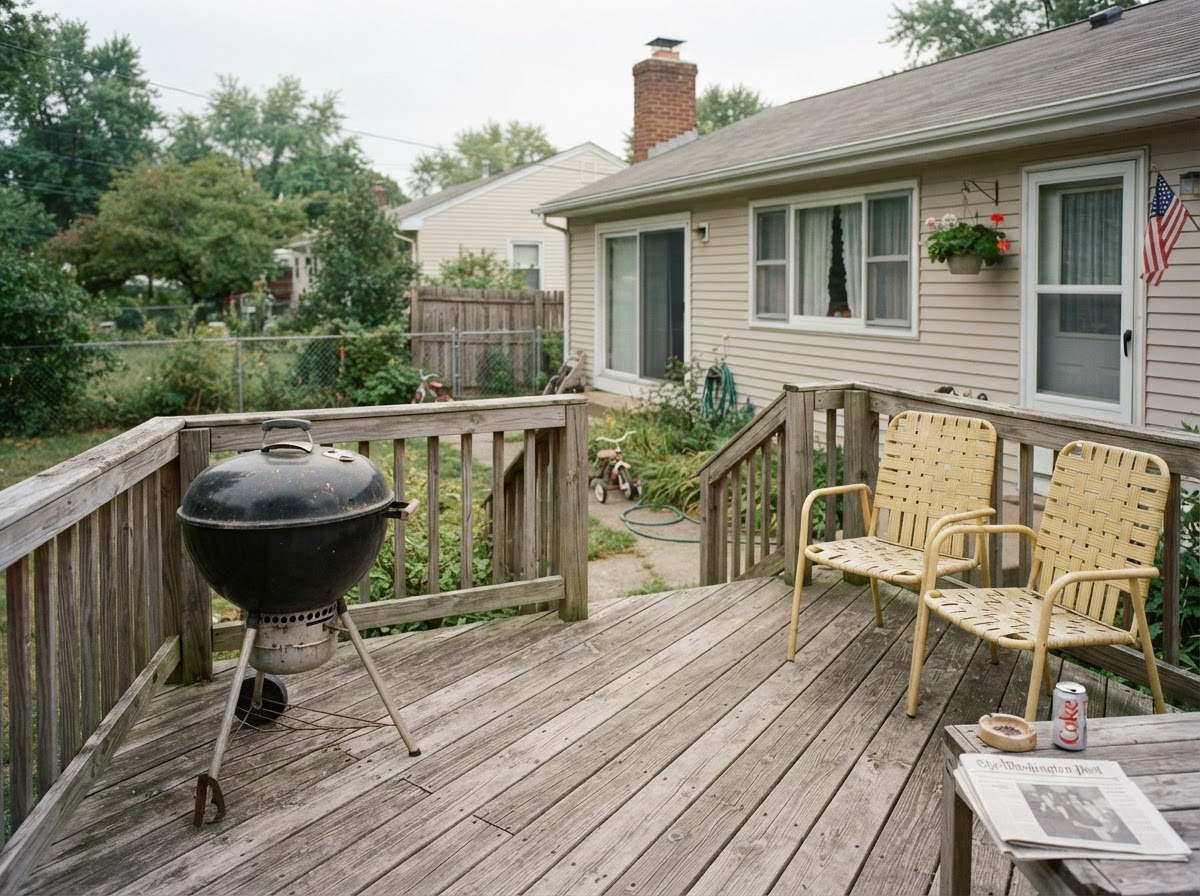 Typical 1980s backyard wood deck with visible fasteners and basic railings
