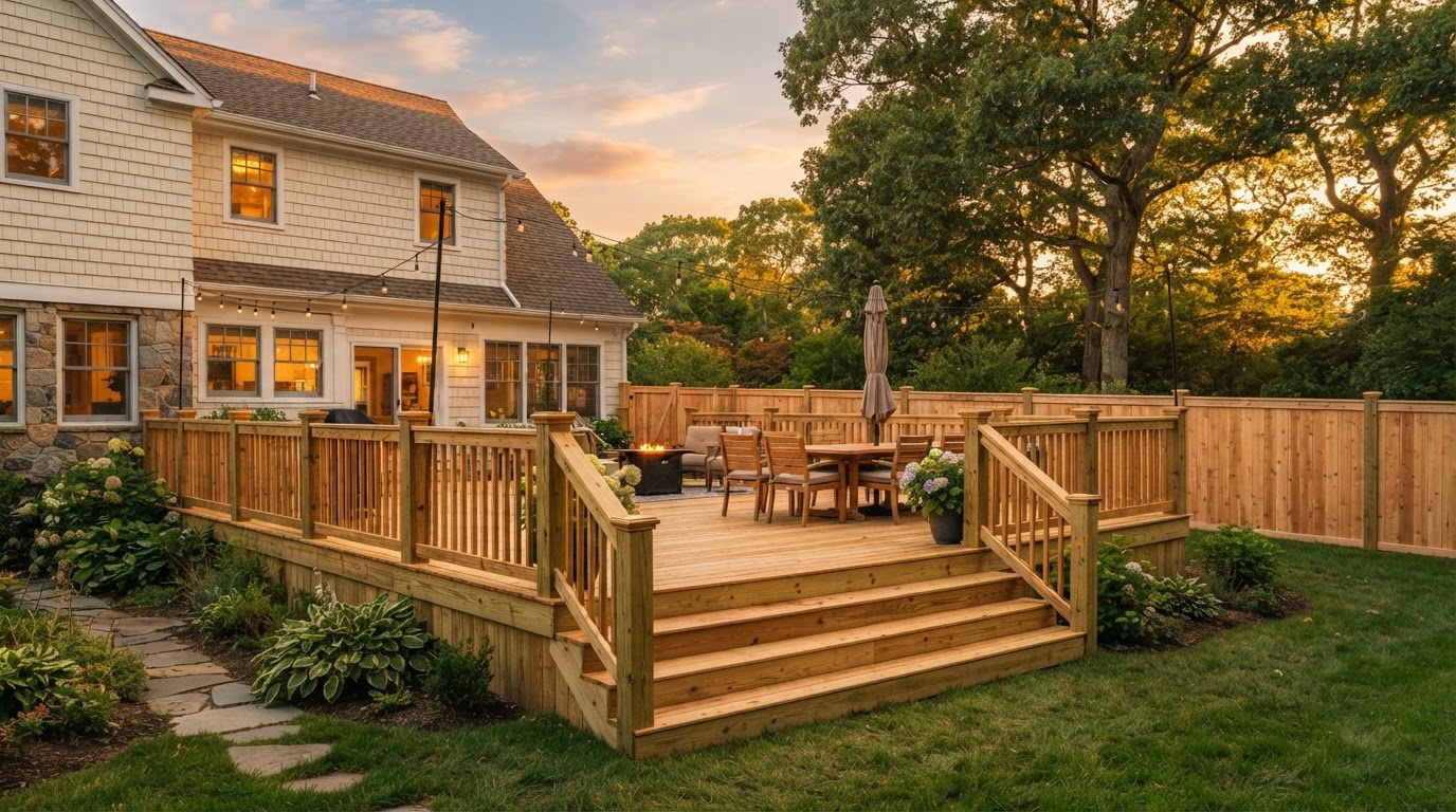 Newly built custom wood deck with railing beside a freshly installed wood privacy fence in a Long Island backyard at golden hour
