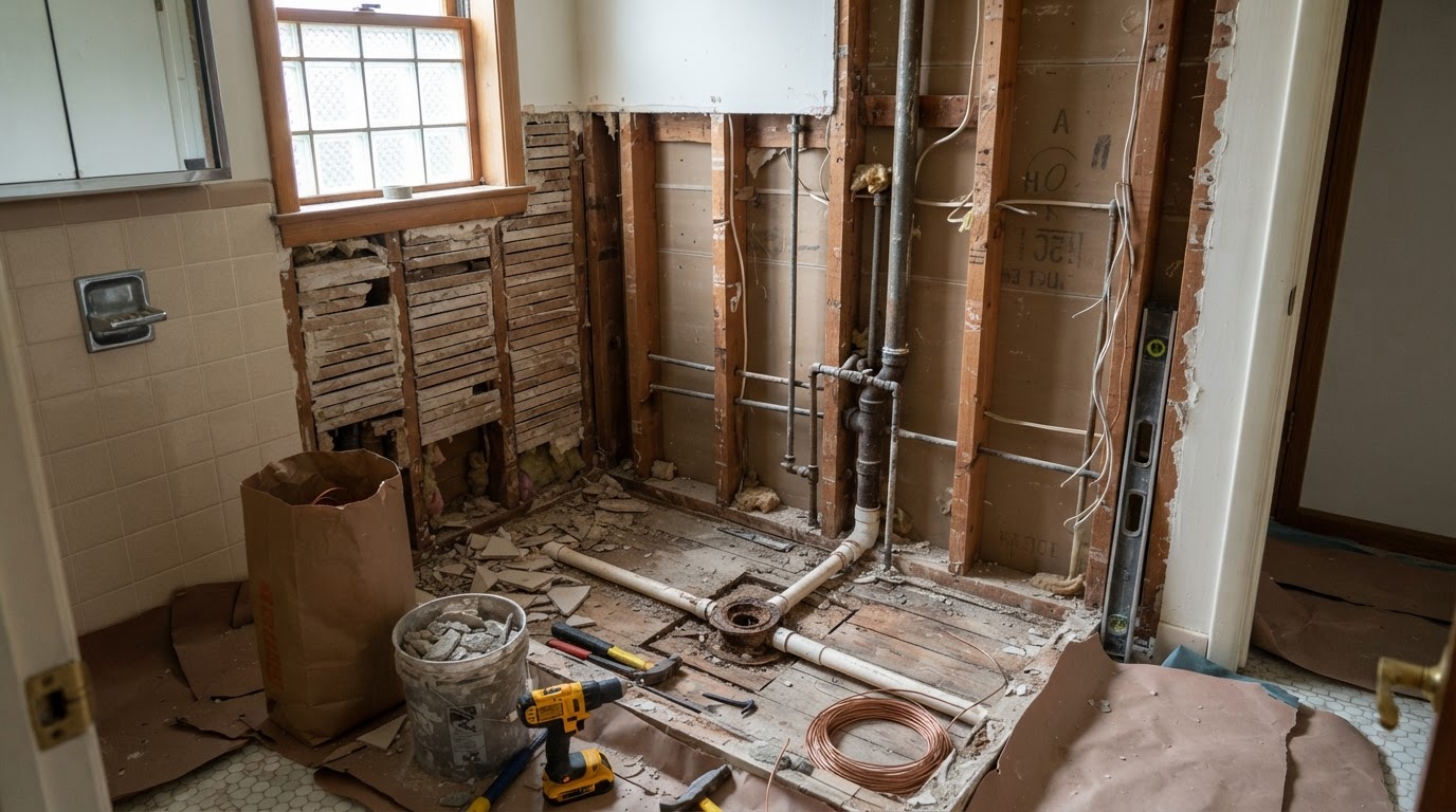 Bathroom renovation in progress showing old tile removed and wall studs exposed during demolition in a mid-century home