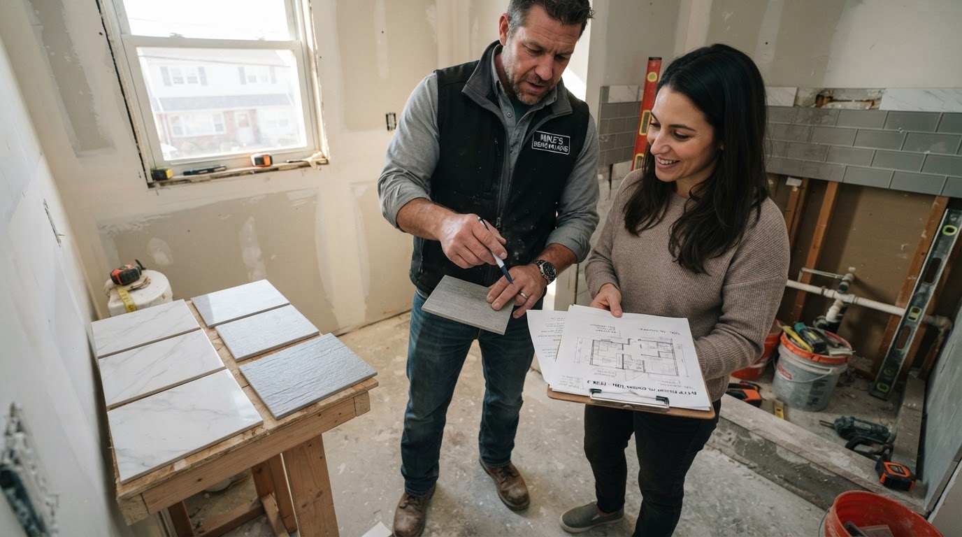 Contractor and homeowner reviewing tile samples and a bathroom floor plan on a clipboard inside a partially renovated Valley Stream bathroom