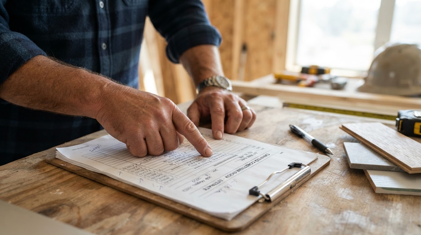 Contractor pointing to itemized line items on a written estimate