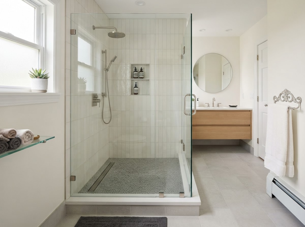 Tub-to-shower conversion with zero-threshold entry and glass enclosure by Dougy Construction