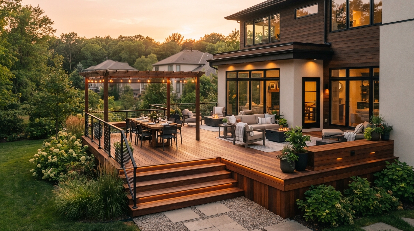 Custom wood deck built by Dougy Construction on a suburban home in New York City