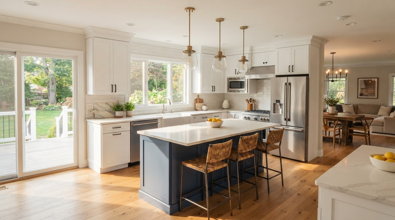 Completed open-concept kitchen renovation with white cabinets and quartz countertops