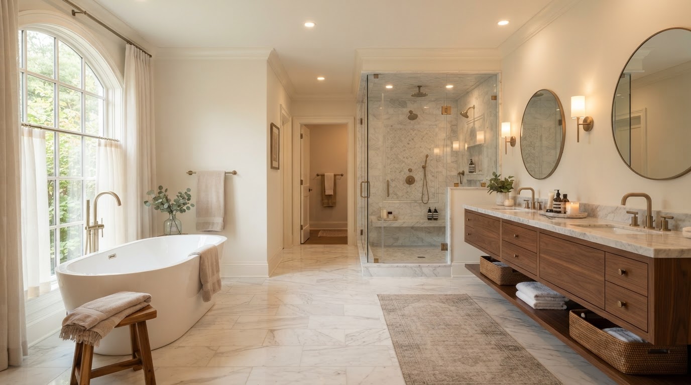 Luxury master bathroom renovation with freestanding soaking tub, double vanity, heated marble flooring, and frameless glass walk-in shower