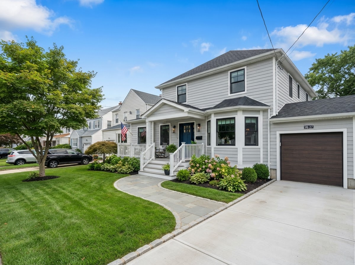 Renovated Queens home exterior with new siding and roof built by Dougy Construction
