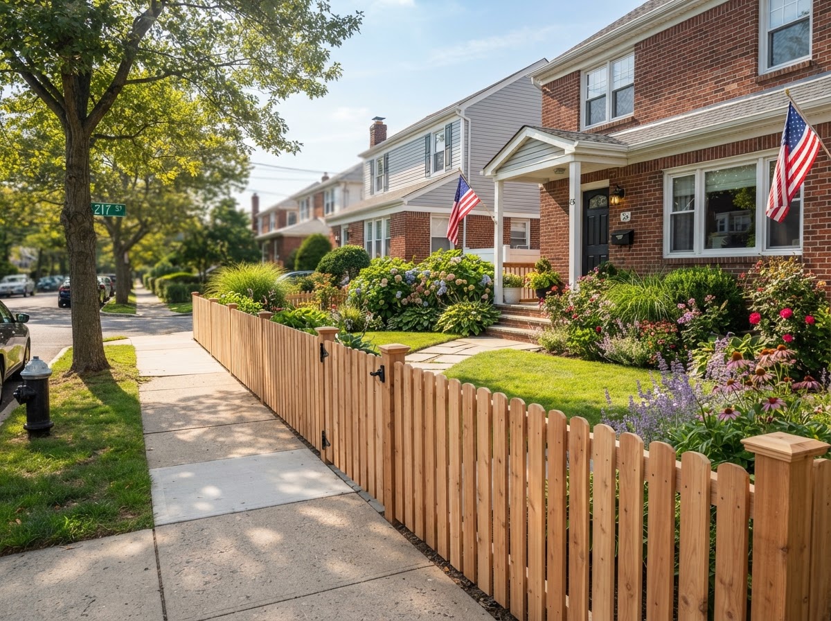Cedar wood picket fence installed by Dougy Construction in Queens