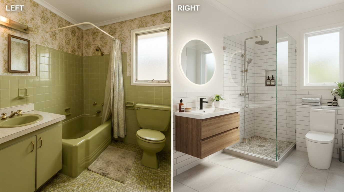 Before-and-after split image of a dated 1970s bathroom versus a newly renovated walk-in shower with frameless glass