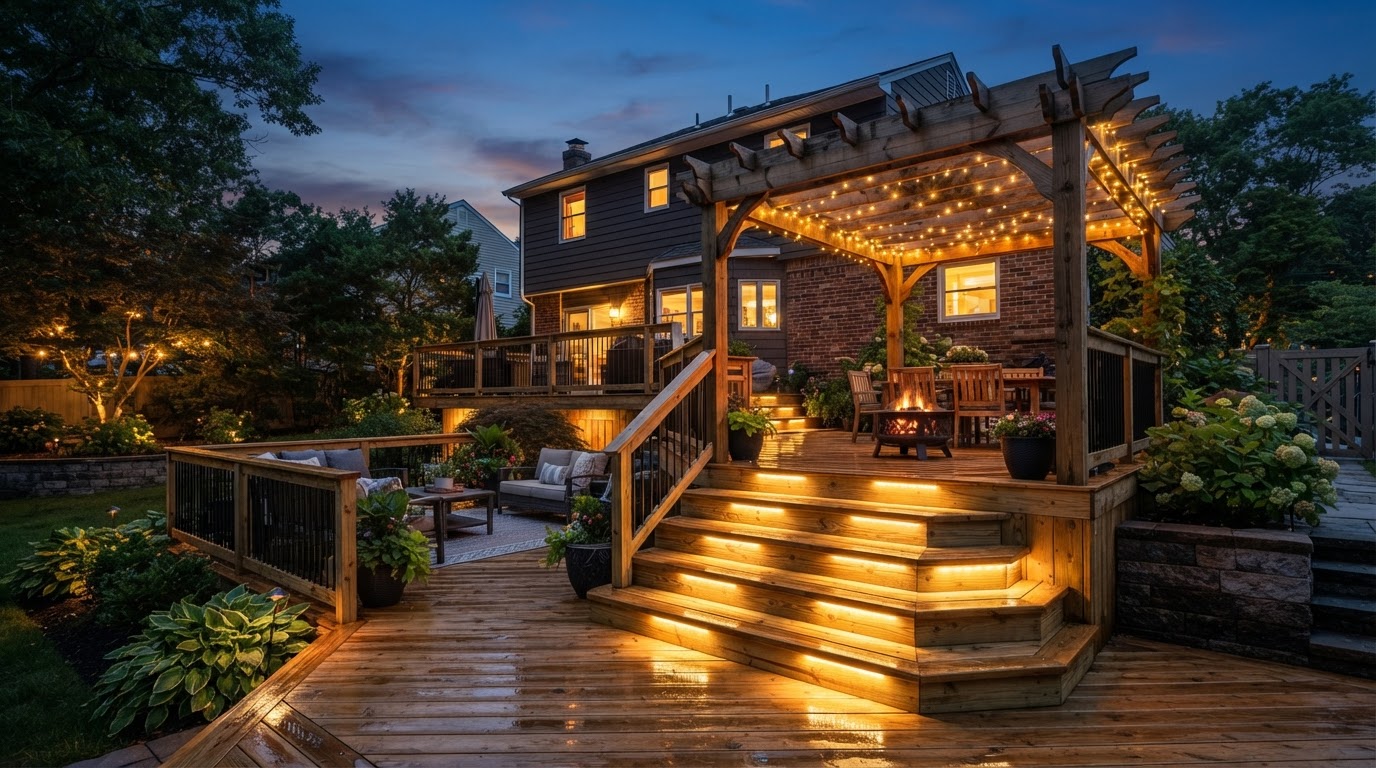 Multi-level wood deck with pergola and integrated LED step lighting in a Valley Stream backyard at dusk