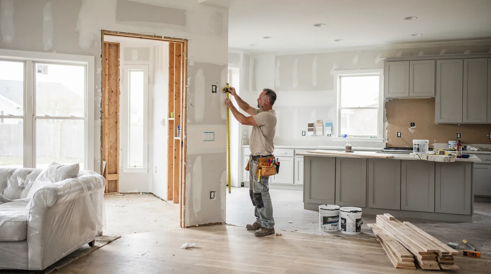 Dougy Construction measuring interior walls during home renovation consultation
