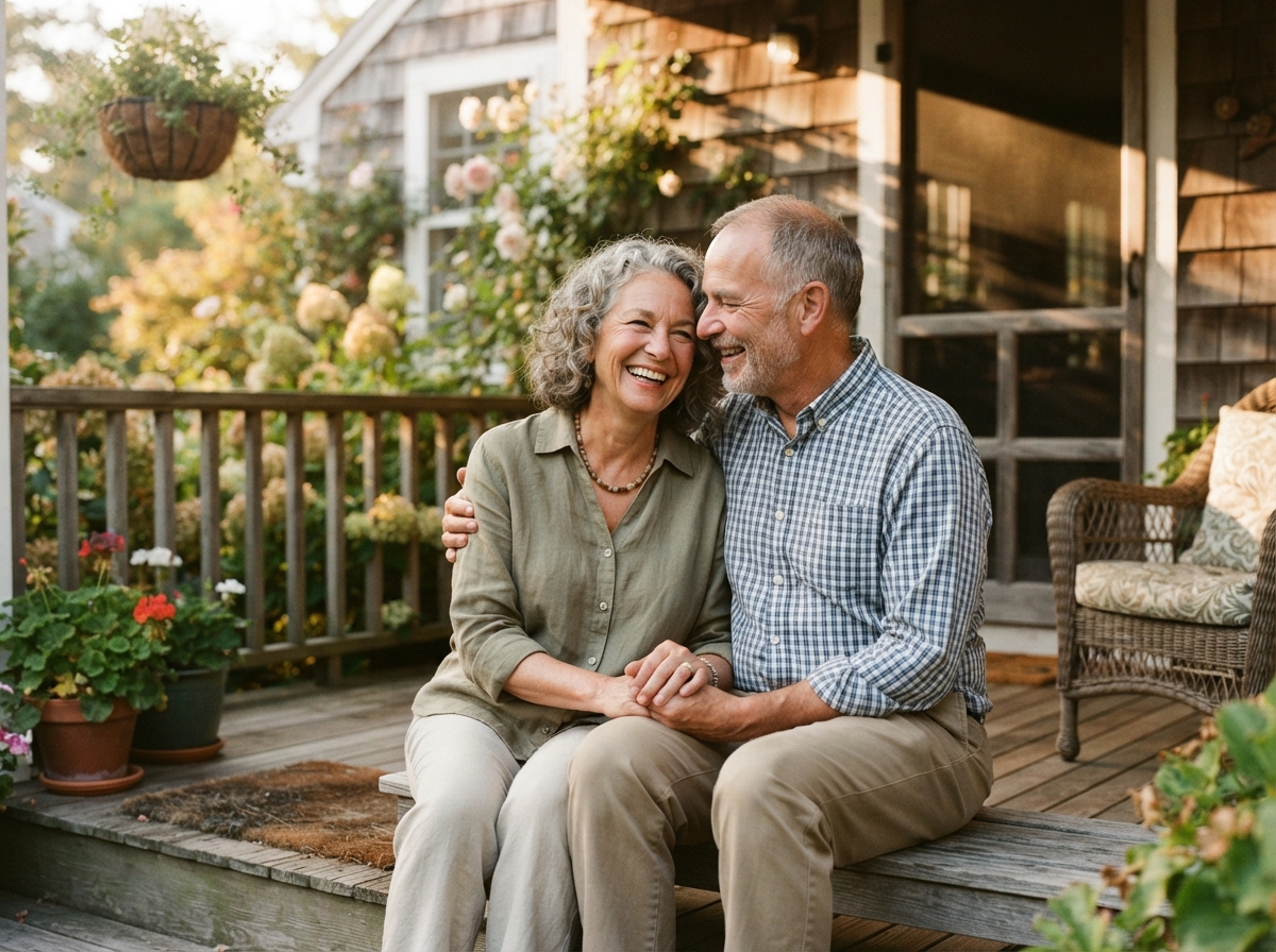 A happy couple in their early sixties enjoying a quiet moment together on their porch