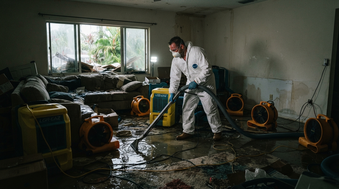 Water damage restoration professional using industrial drying equipment in a flooded Fort Lauderdale home
