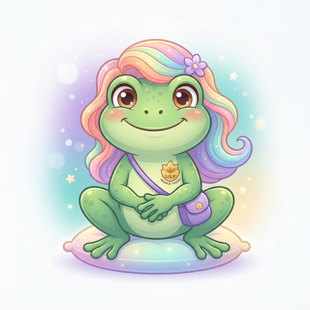 Lily the frog mascot — cute green frog with rainbow hair, the Leap Forward Solutions credit education mascot