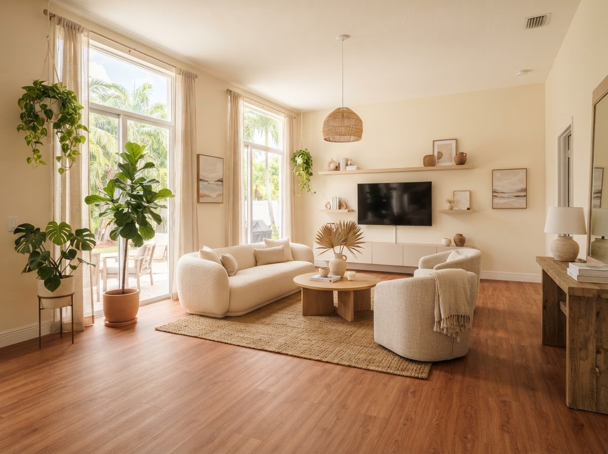 Warm luxury vinyl plank flooring in a sunlit South Florida living room