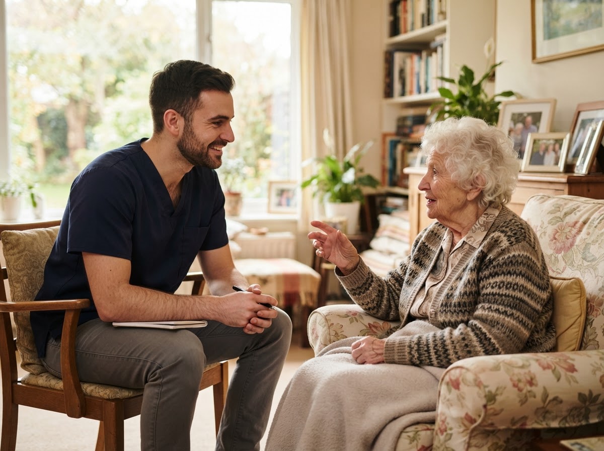 A nurse providing compassionate care and listening to an elderly woman at home