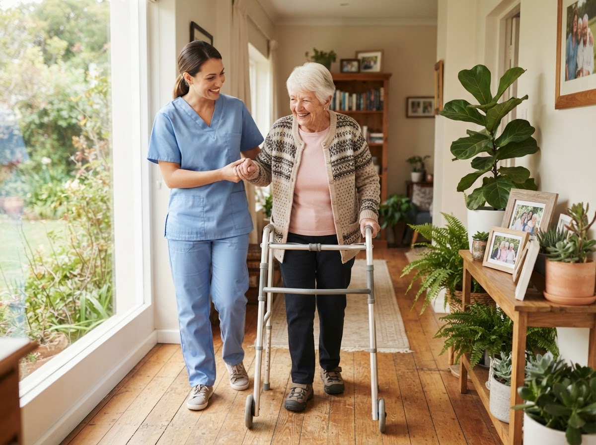 A caregiver helping a senior woman walk safely in a bright home