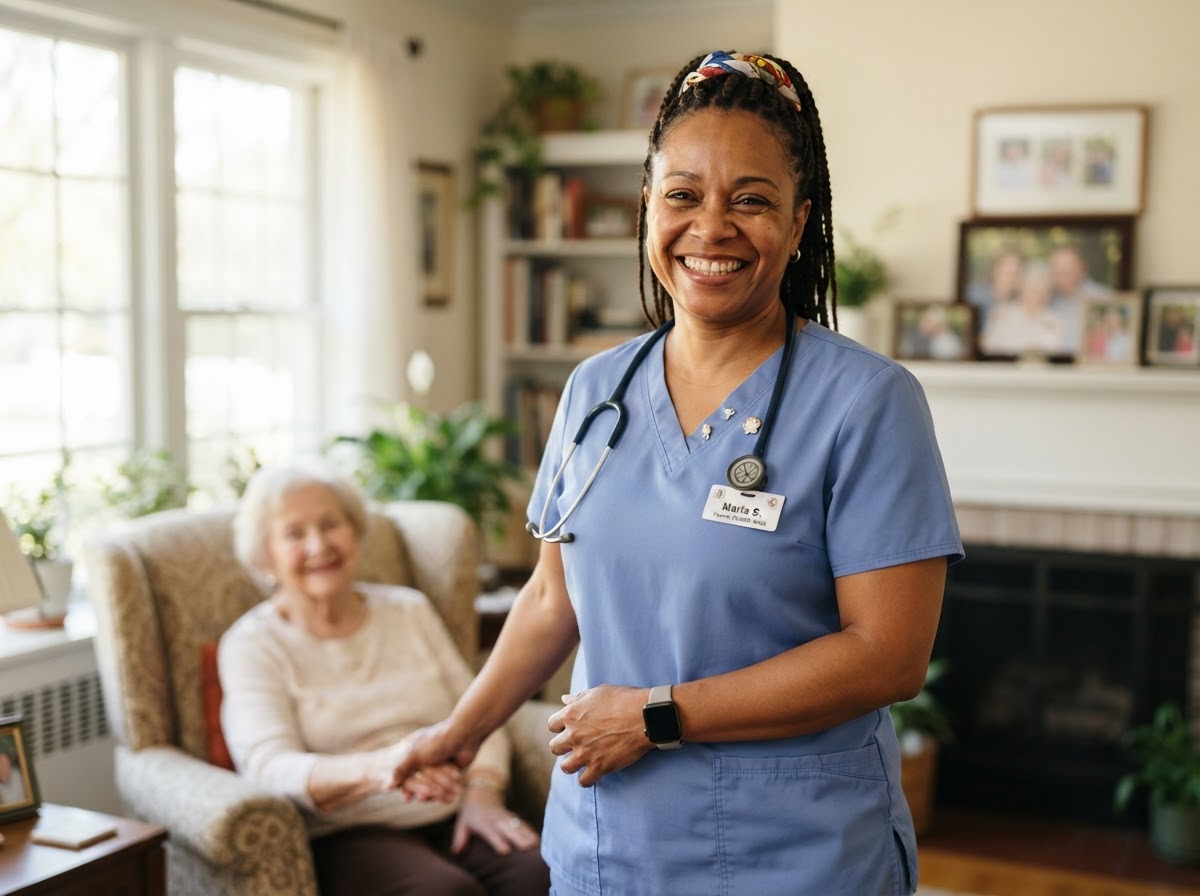 A warm, confident home health aide smiling in a bright home setting