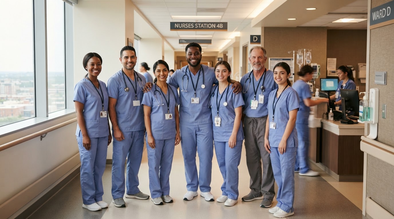 A diverse group of healthcare professionals standing together in a modern facility