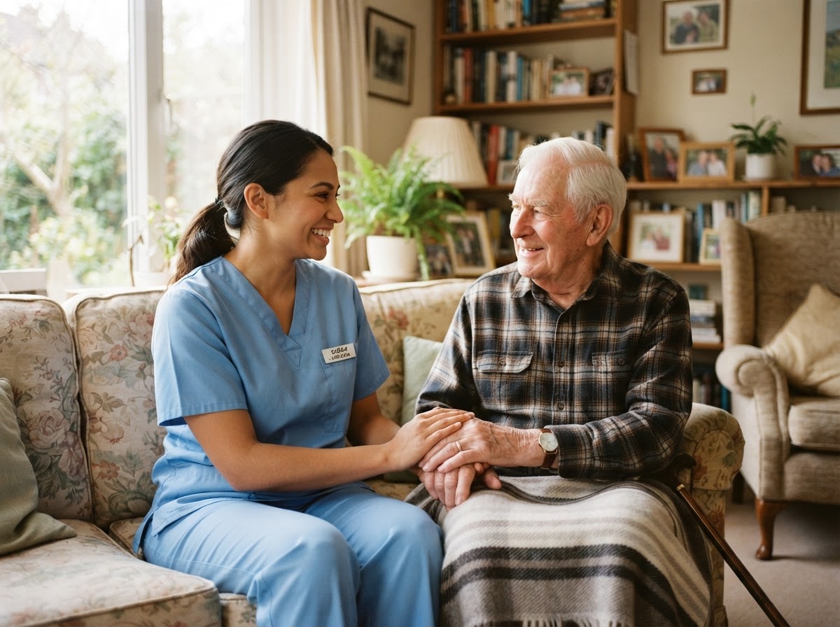 A compassionate caregiver assisting a senior woman in a bright, comfortable home