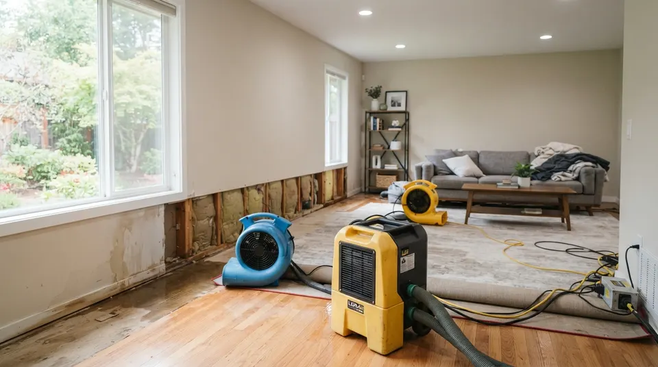 Industrial dehumidifiers and air movers drying a water-damaged Fort Worth living room