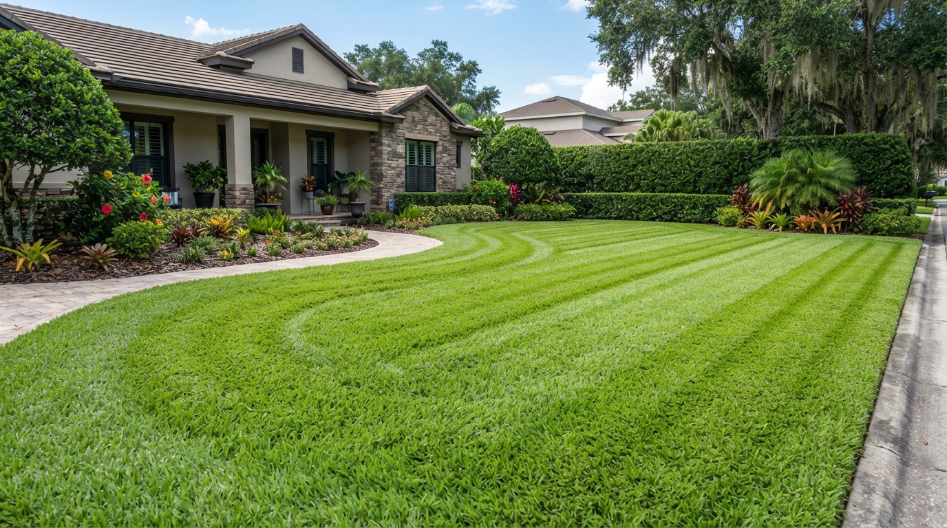 Freshly mowed pristine lawn at a well-maintained Florida residential property