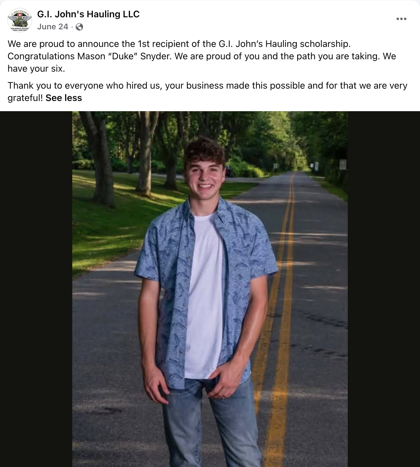Mason 'Duke' Snyder — 1st recipient of the G.I. John's Hauling Scholarship