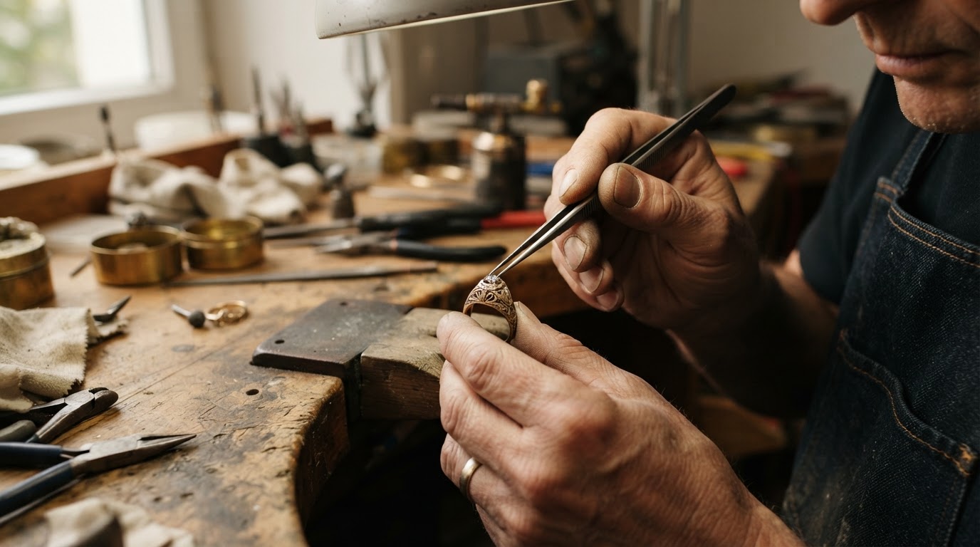Master jeweler's hands using precision tools to repair a gold ring at a workbench