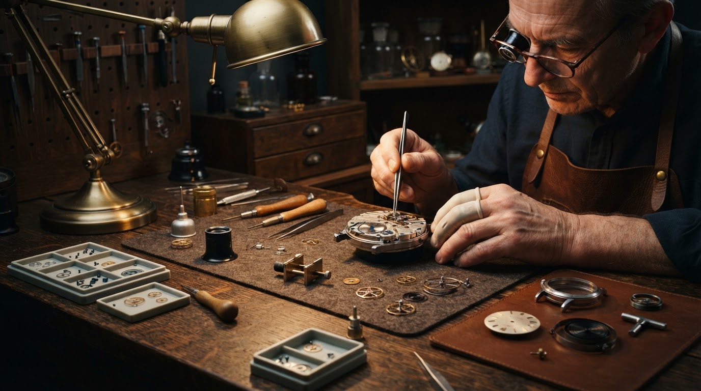 Watchmaker's workbench with precision tools and mechanical components