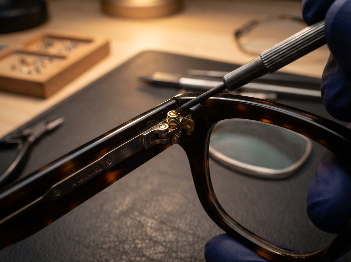 Close-up macro of eyeglass frame repair showing fine hinges and metal components