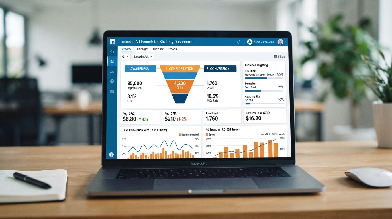 LinkedIn advertising funnel strategy dashboard showing three-stage campaign targeting and cost-per-lead metrics on a laptop screen