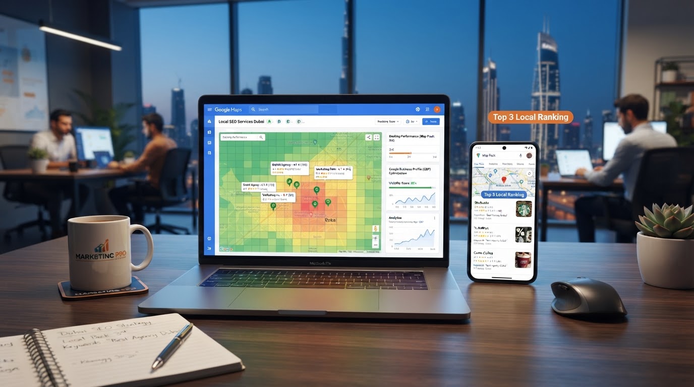 Google Maps SEO services dashboard showing local map pack rankings and grid heatmap for Dubai businesses