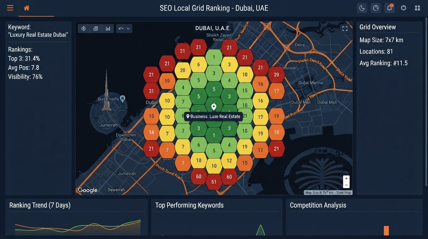 Google Maps SEO grid ranking heatmap showing how local search positions change across a Dubai city map
