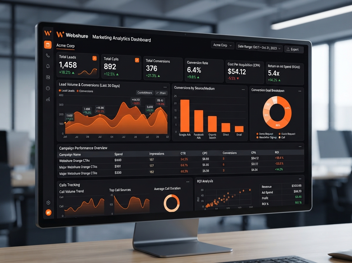 Social media advertising Dubai conversion tracking dashboard by Webshure showing leads and sales attribution