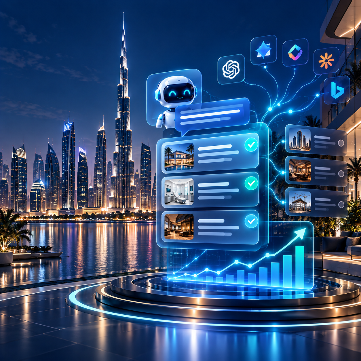 Artificial intelligence SEO in Dubai - AEO and GEO optimisation showing AI search recommendations and citations across the Dubai skyline
