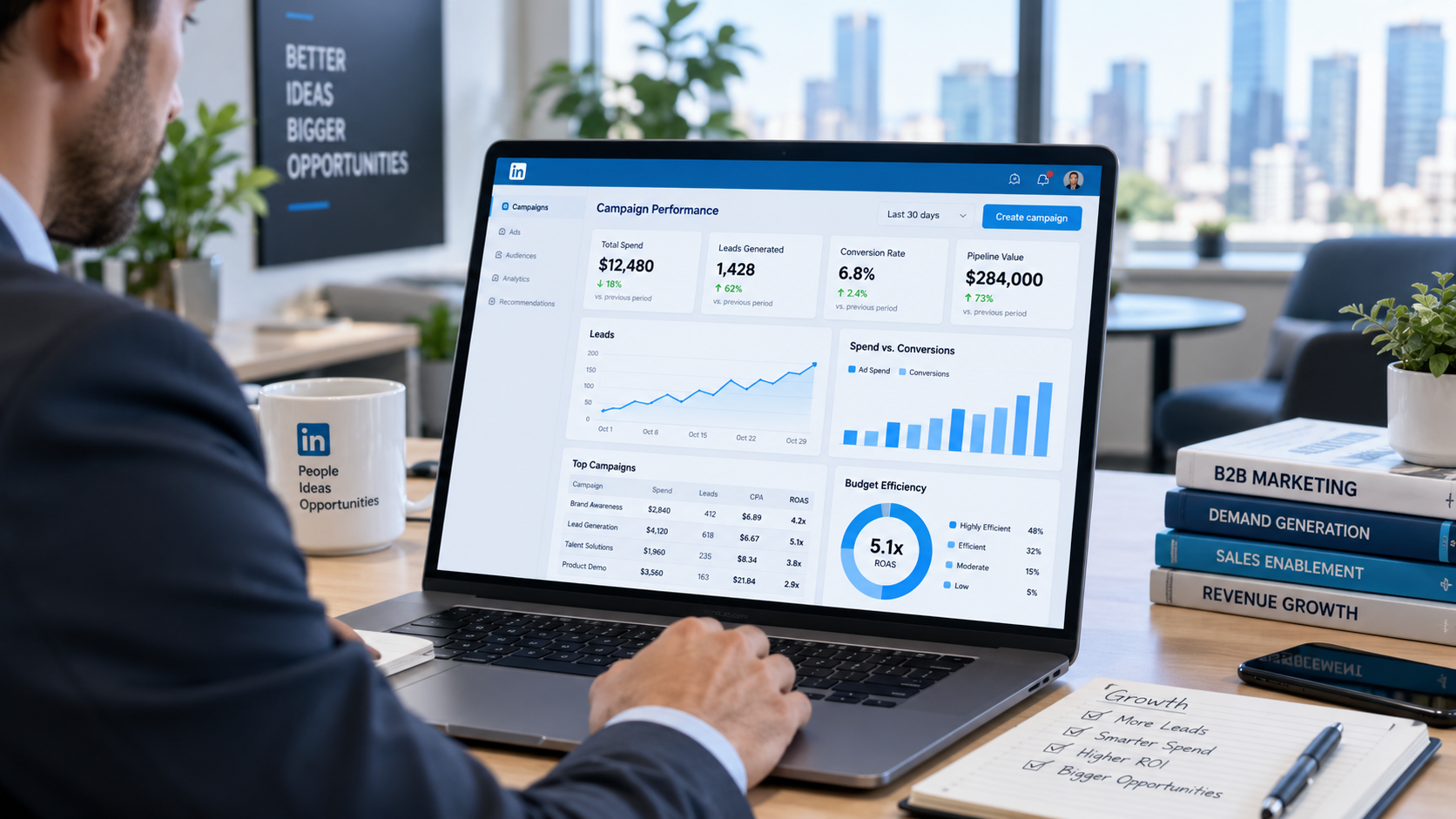 Marketer analyzing LinkedIn sponsored ads campaign performance dashboard on laptop showing ROAS, leads and spend efficiency
