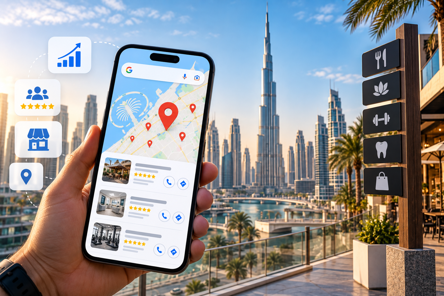 Hand holding smartphone showing Google Maps local 3-pack rankings by a local SEO company Dubai with Burj Khalifa skyline