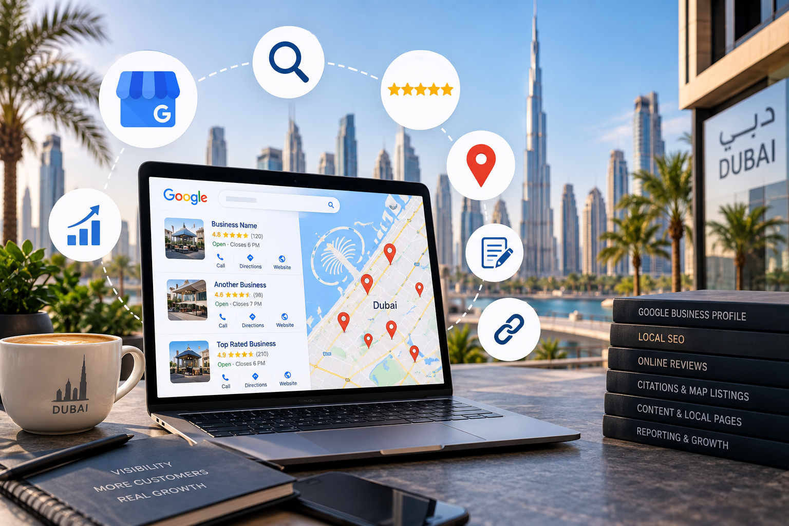 Laptop displaying local SEO services in Dubai Google Maps ranking dashboard and local optimization strategy