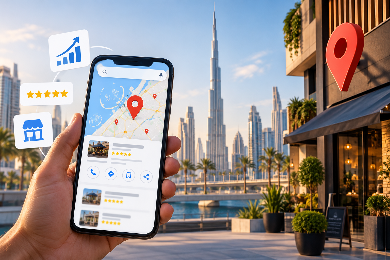 Local search optimization Dubai guide showing Google Maps local business rankings and reviews on a smartphone with Burj Khalifa skyline