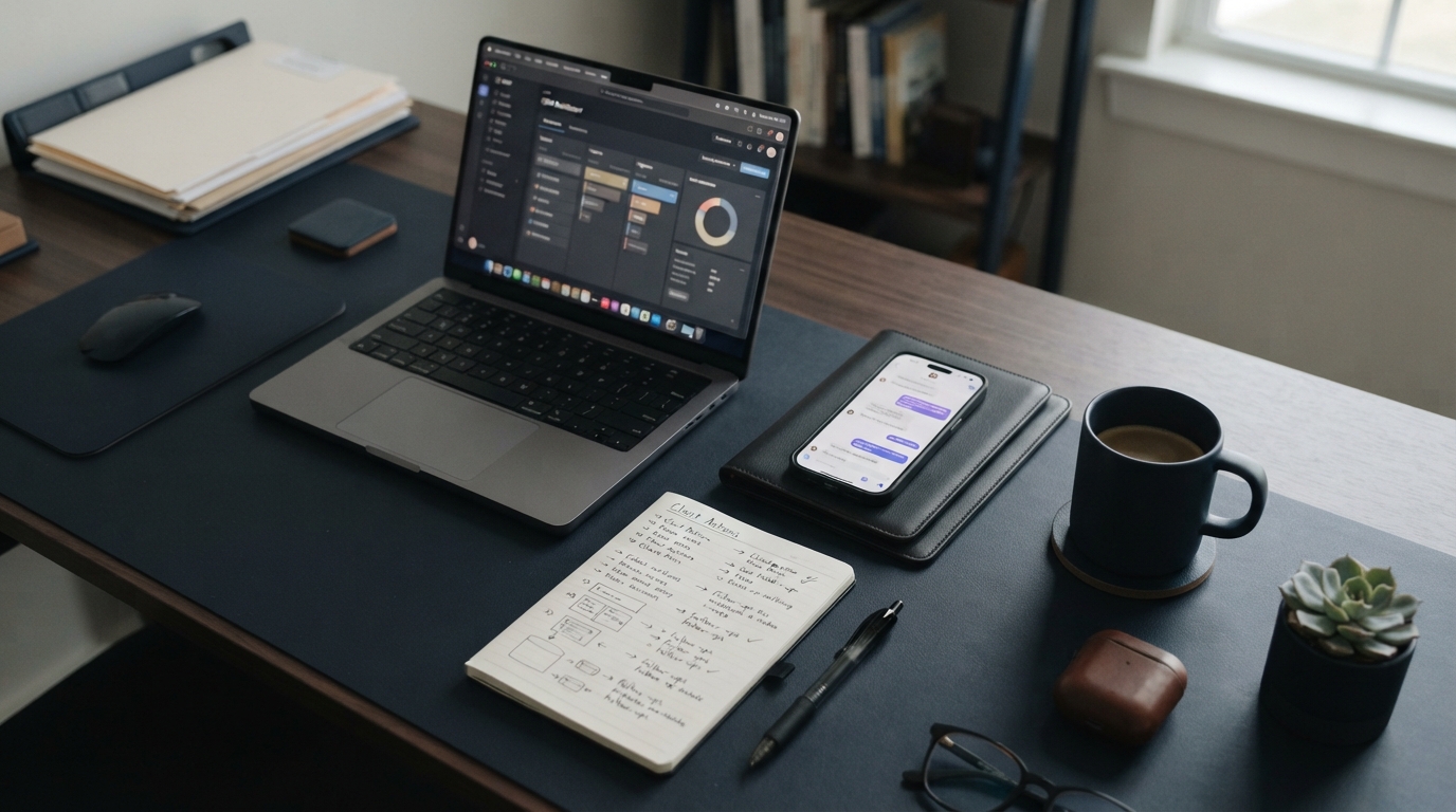 Organisierter Arbeitsplatz mit CRM, Kundenanfragen und strukturiertem Ablauf