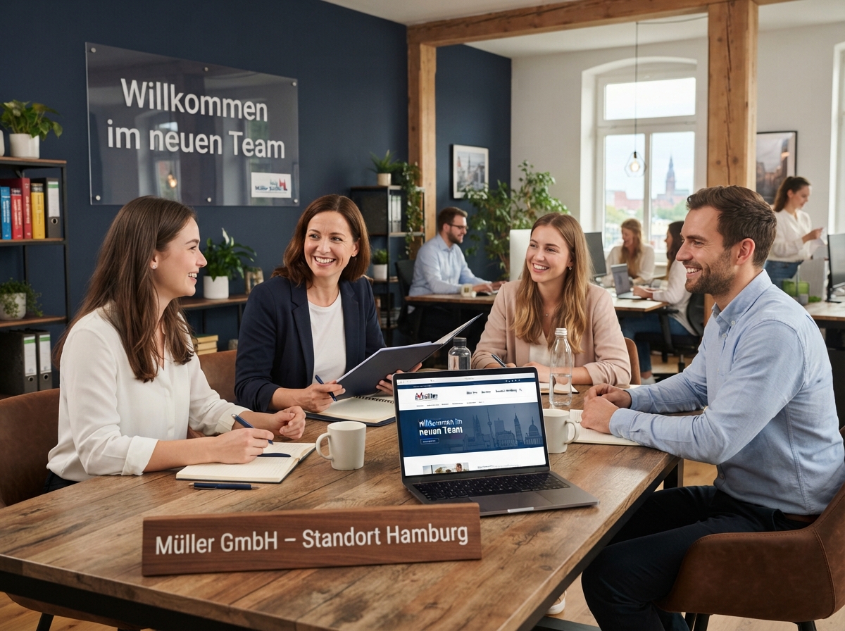 Wachsendes Unternehmen: neue Teammitglieder an einem Besprechungstisch, neues Standortschild, aktualisierte Website auf Laptop
