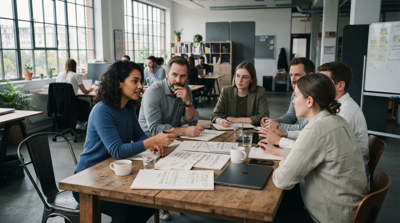 KMU-Team bespricht Strategie in einer modernen Arbeitsumgebung