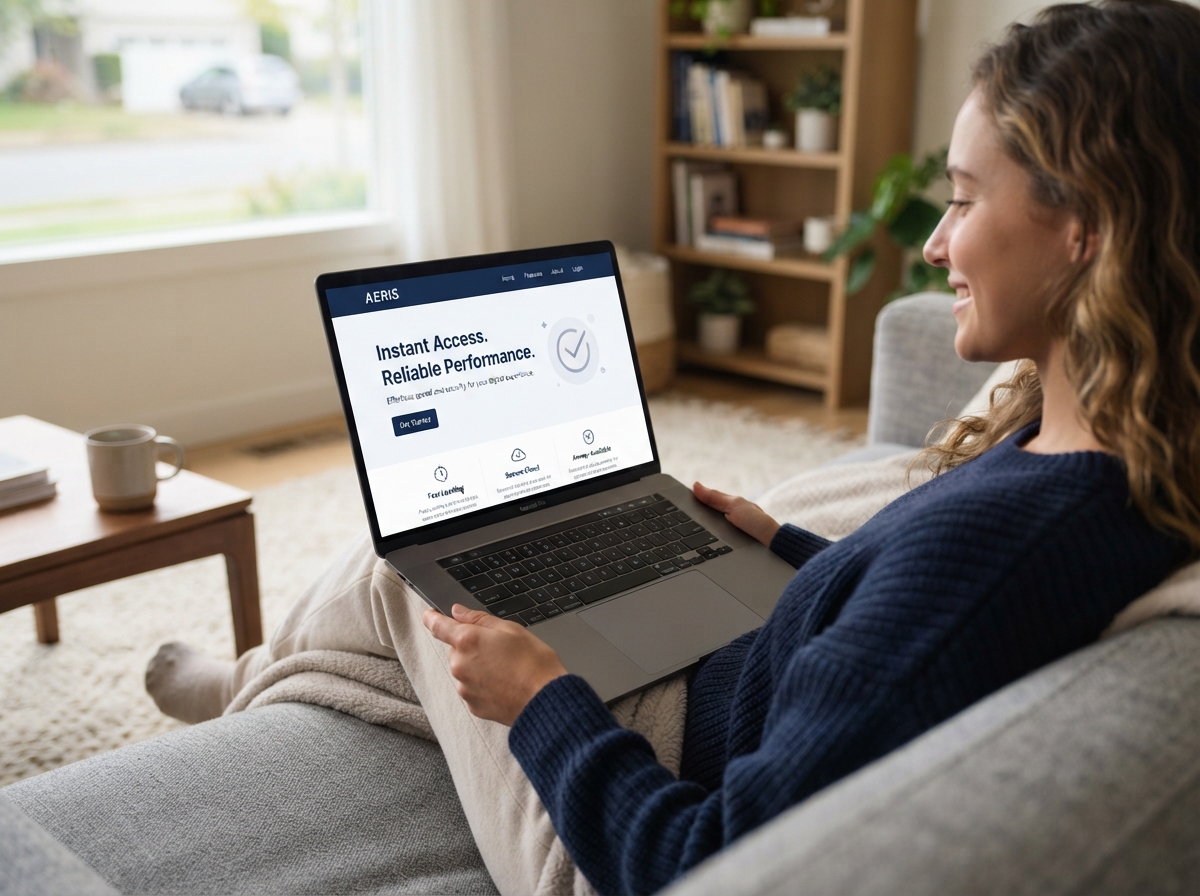 Schnell ladende Website auf einem Laptop – sauberes Design und ruhige Atmosphäre ohne Tachometer oder Speedlines
