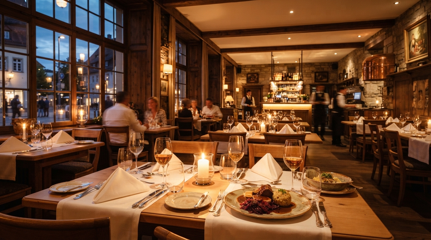 Einladendes Restaurantinterieur mit warmem Licht und gedeckten Tischen