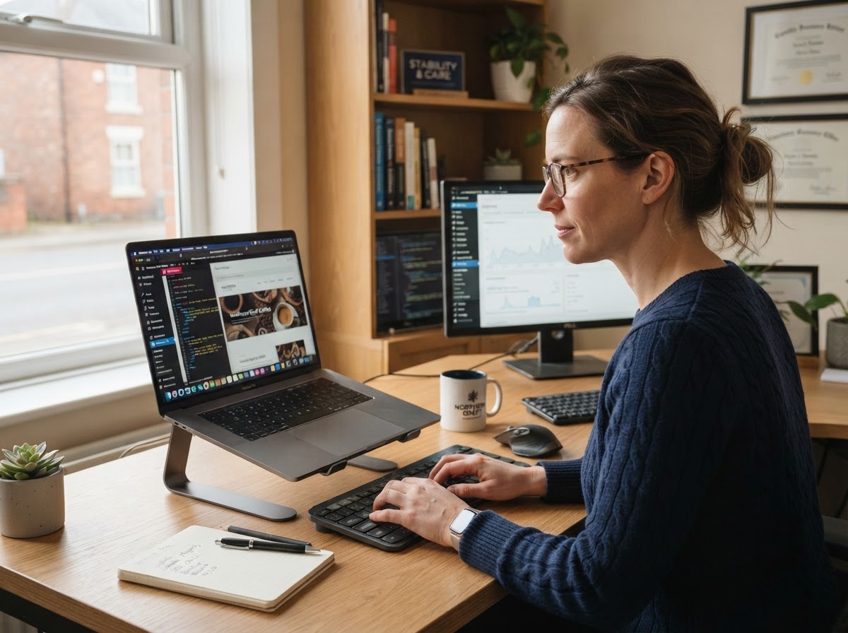 Mitarbeiter arbeitet an der Website-Pflege an einem aufgeräumten Schreibtisch – ruhige Betreuungssituation