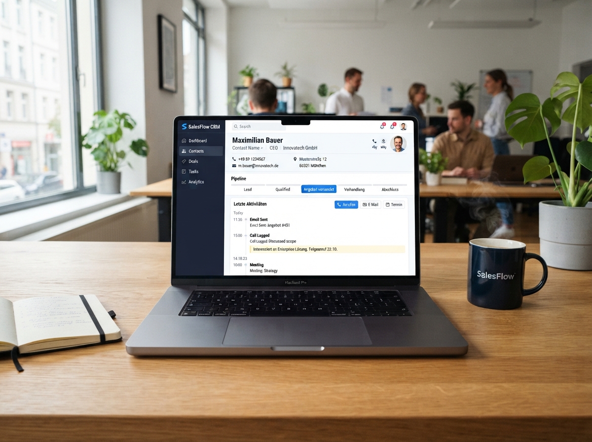 CRM-Kontaktseite auf einem Laptop – alle Kontaktdaten, Pipeline-Status und Aktivitäten zentral an einem Ort