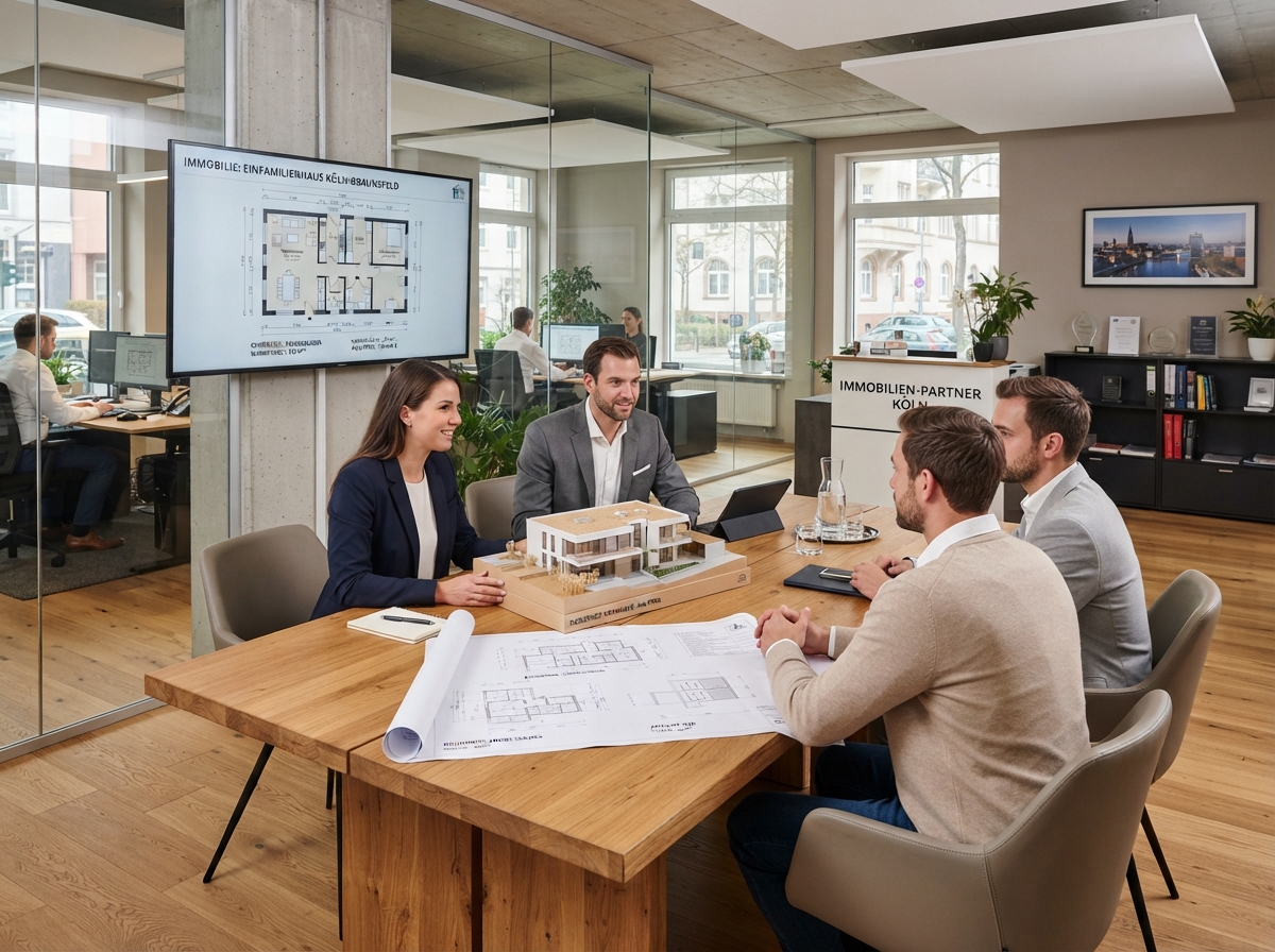 Modernes Immobilienbüro mit Architekturmodellen und Grundrissen