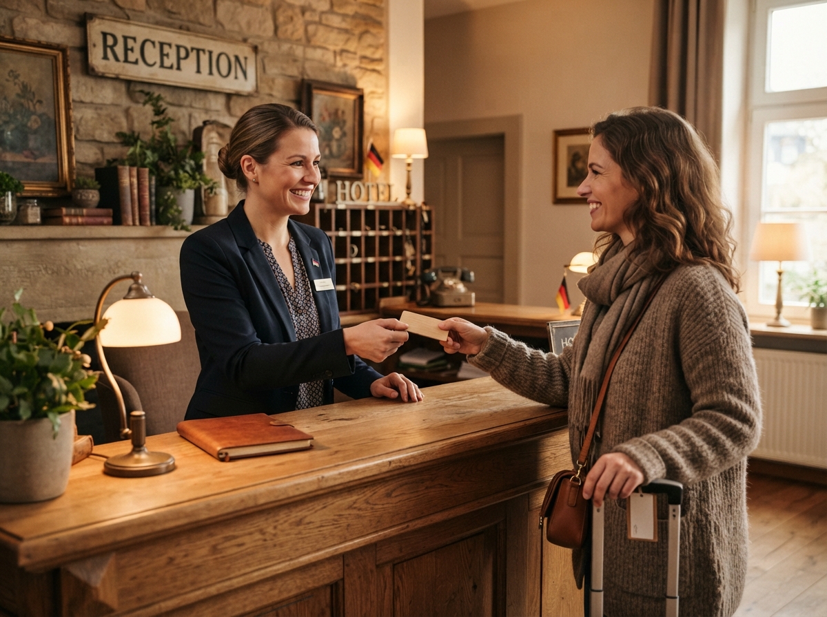Hotelpersonal begrüßt einen Gast herzlich an der Rezeption